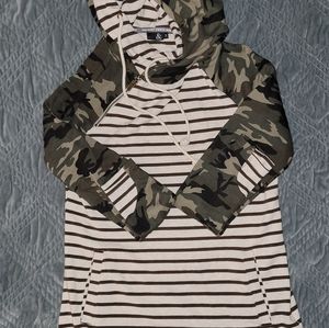 Ampersand Ave. hoodie in camo with brown and oatmeal stripe with double hood